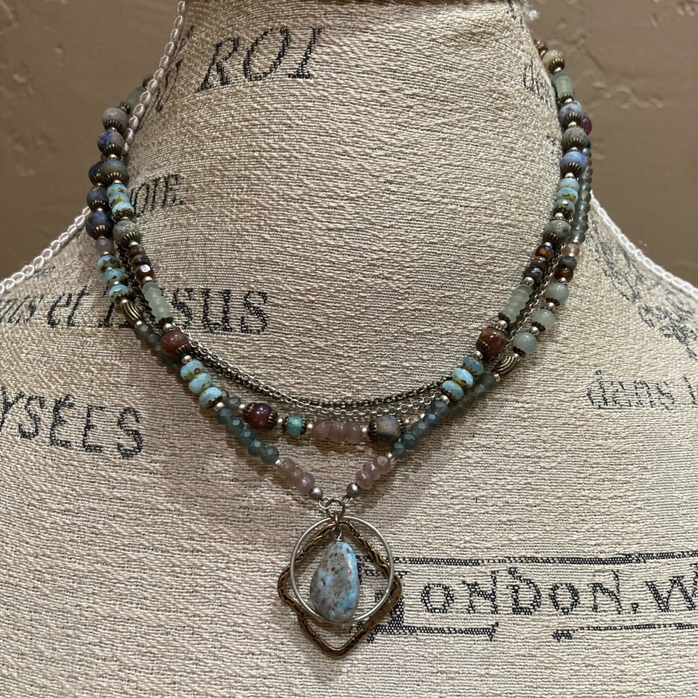 3 Piece Set of Kenzie Blue & Brown Bohemian 2 Necklaces w/ Pendant & Earrings